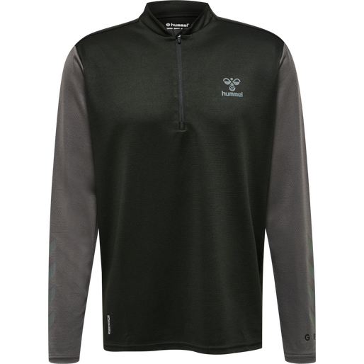 hmlONGRID 1/2 ZIP POLY SWEAT, JET BLACK/FORGED IRON, packshot