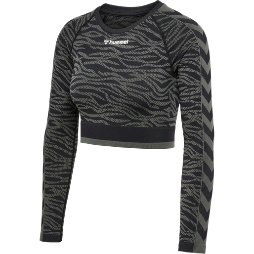 hmlMT SAGA SEAMLESS CROP T-SHIRT LS, BLACK/ASPHALT MELANGE, packshot