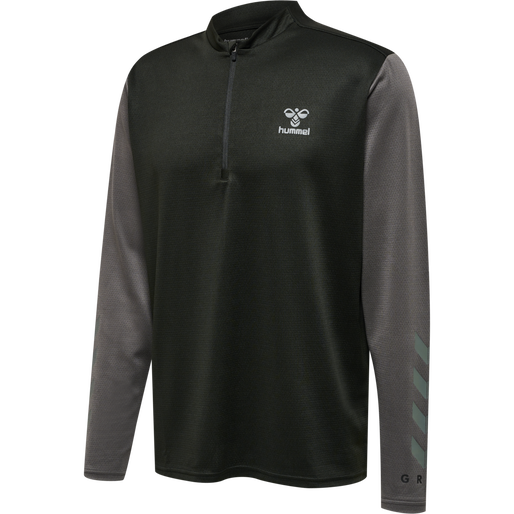 hmlONGRID 1/2 ZIP POLY SWEAT, JET BLACK/FORGED IRON, packshot