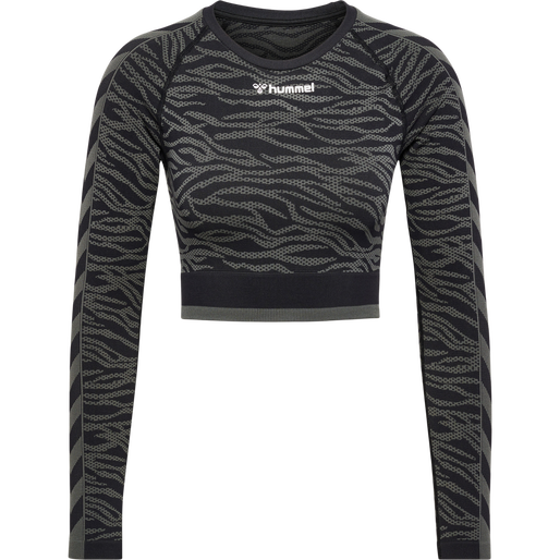 hmlMT SAGA SEAMLESS CROP T-SHIRT LS, BLACK/ASPHALT MELANGE, packshot