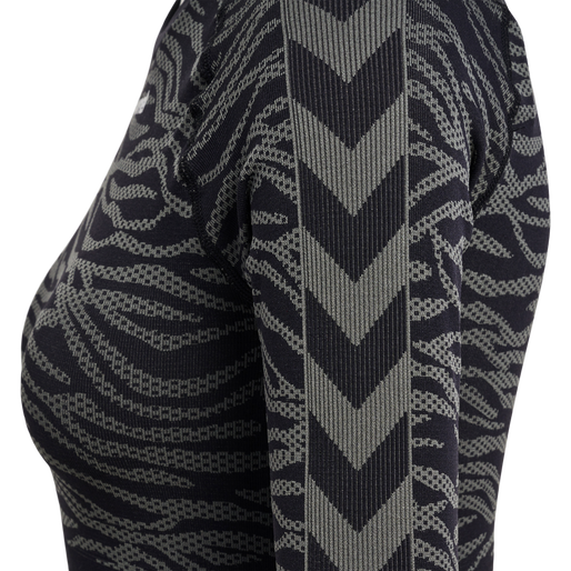 hmlMT SAGA SEAMLESS CROP T-SHIRT LS, BLACK/ASPHALT MELANGE, packshot