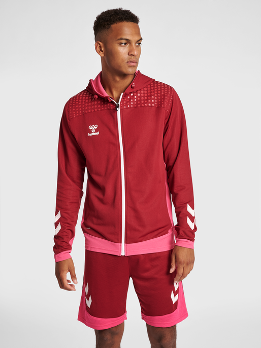 hmlLEAD ZIP POLY HOODIE, BIKING RED, model
