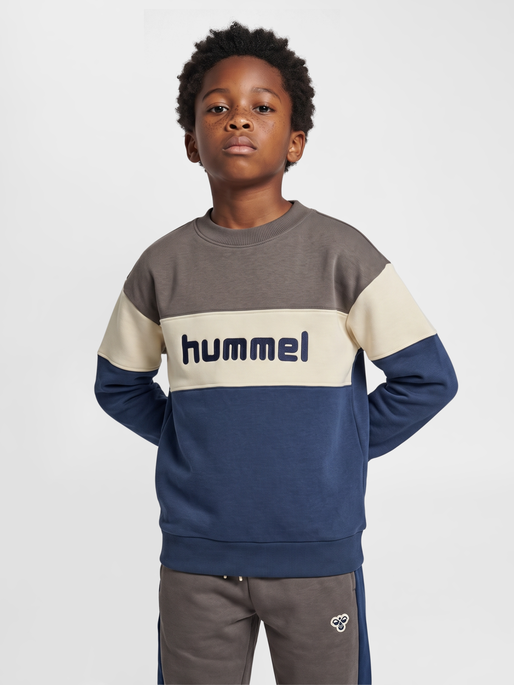 hmlJR LOOSE BLOCK CREWNECK, DARK GULL GRAY, model